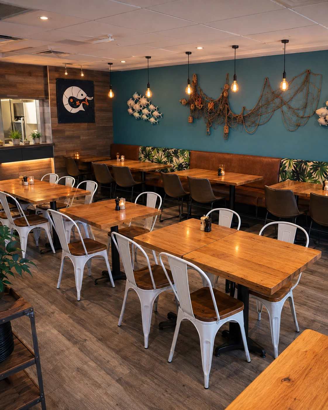 Warm contemporary restaurant dining room